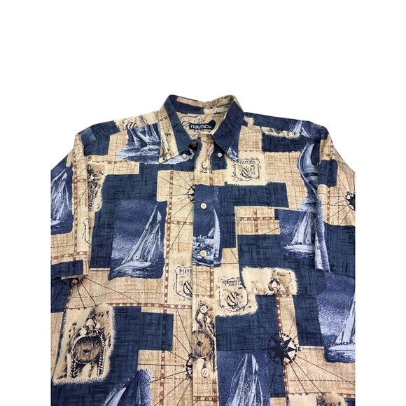 Nautica Mens Short Sleeve Button Front Shirt Sailing Maps Print Size L - Picture 2 of 7